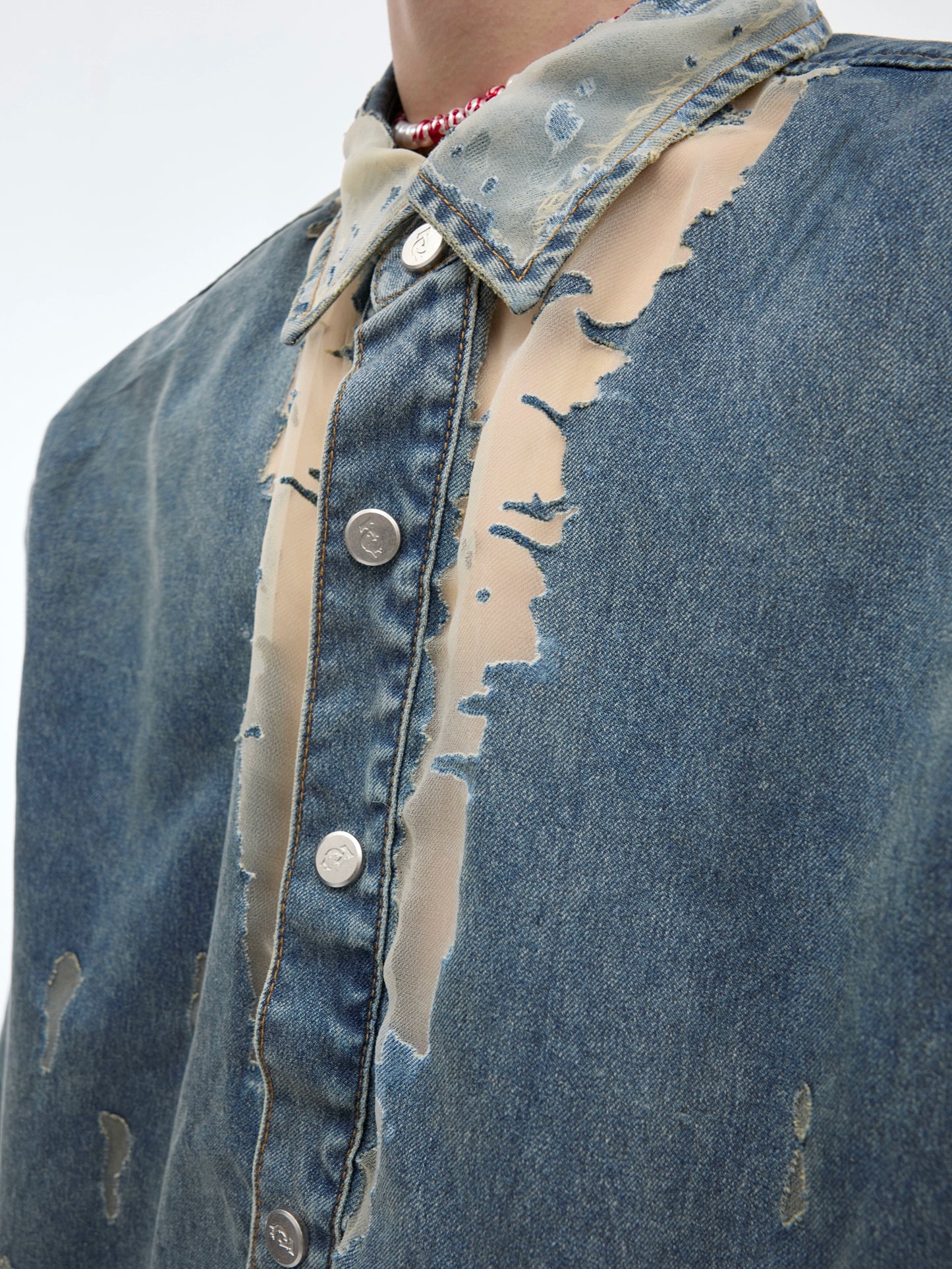 【24s April.】Mesh Hollow Design Denim Shirt