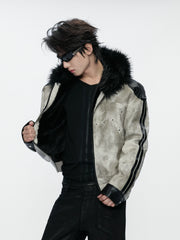 Vintage Snake-Panel Hooded Fur Jacket