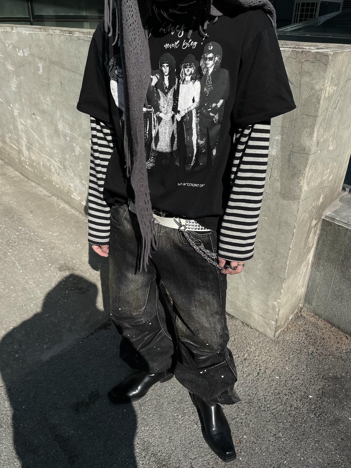 【25s Mar.】Character Print Rock Mock Two Piece Stripe Stitching Top