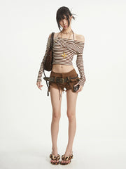 【25s Aug.】Off-Shoulder Striped Slim Fit Vintage Long Sleeve