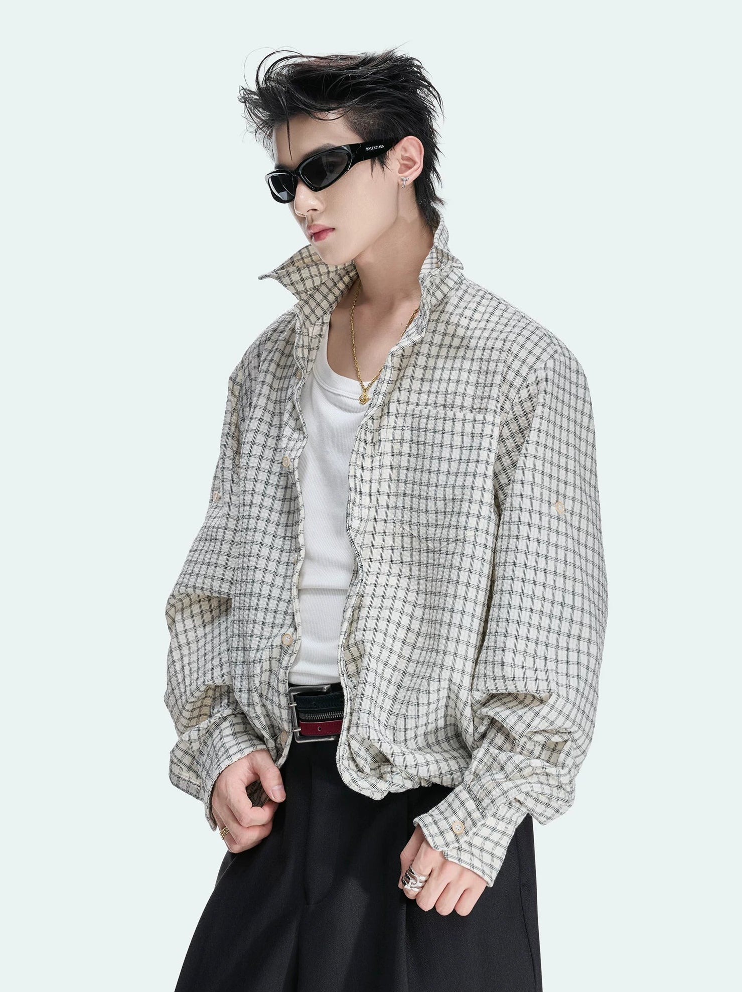 Textured Plaid Drawstring Shirt Jacket