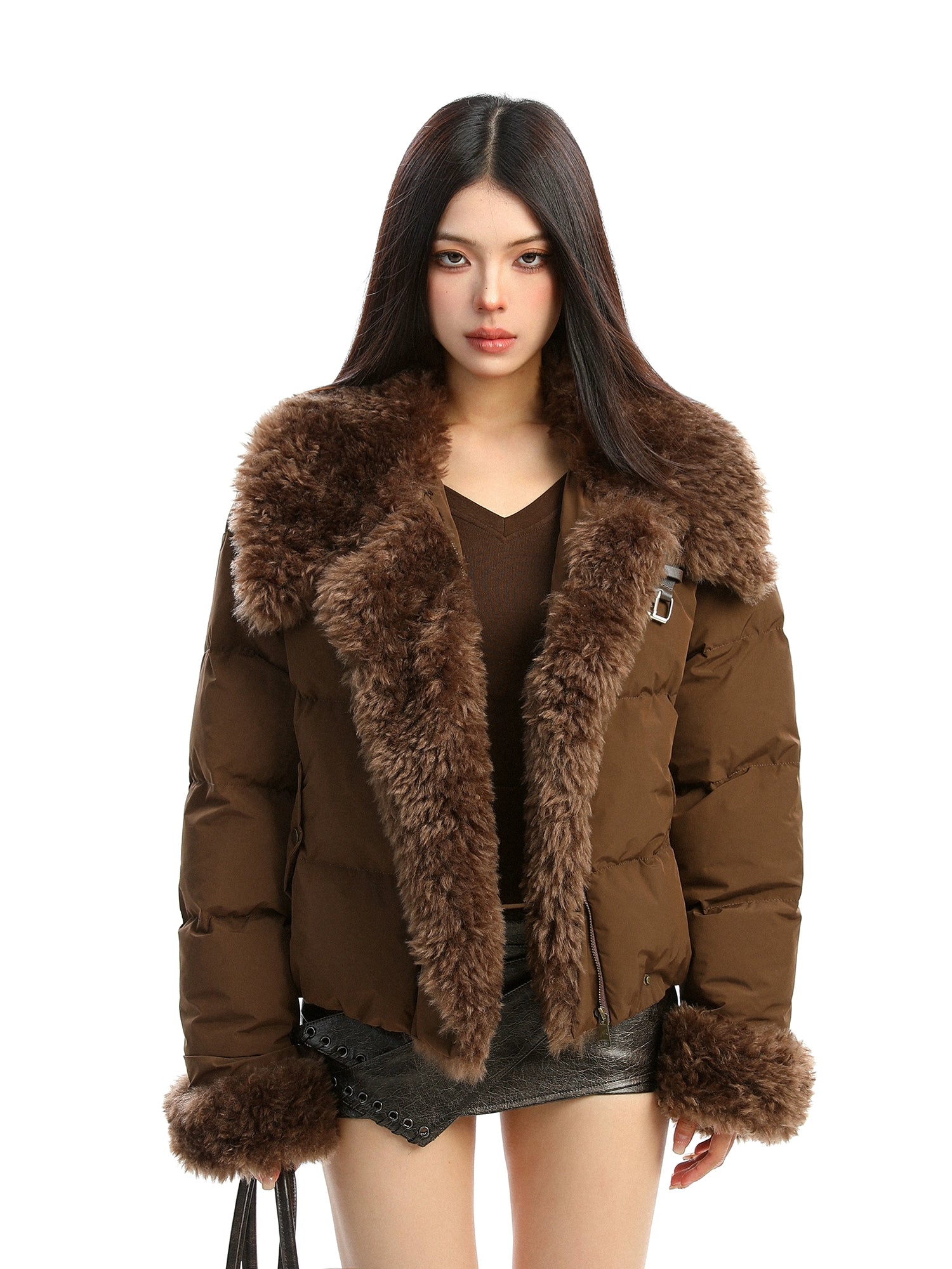 【25s Dec.】Large Fur Collar Patchwork Padded Jacket