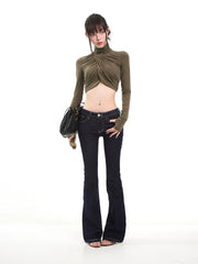 【26s Feb.】Army Green High-Neck Ruched Slim Cropped Top