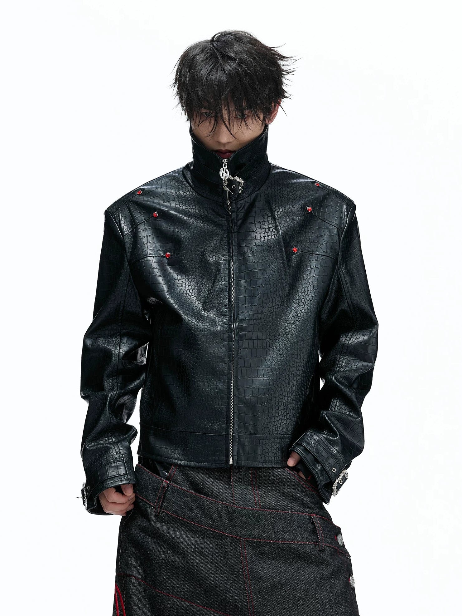 Crocodile Texture Stand Collar Jacket