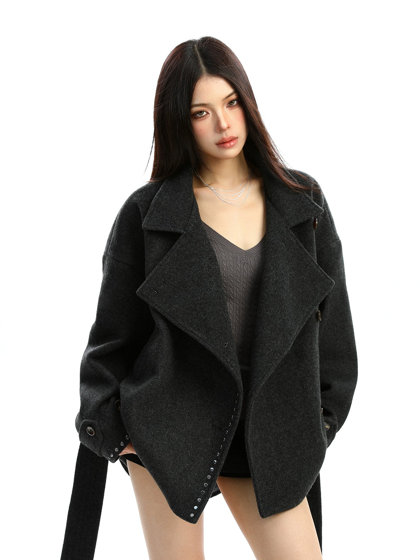 【25s Nov.】Studded Stand-up Collar Plush Coat