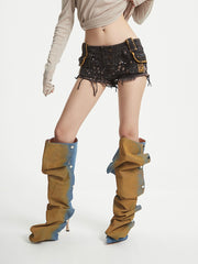 【25s Aug.】Raw Hem Patchwork Leather Denim Shorts
