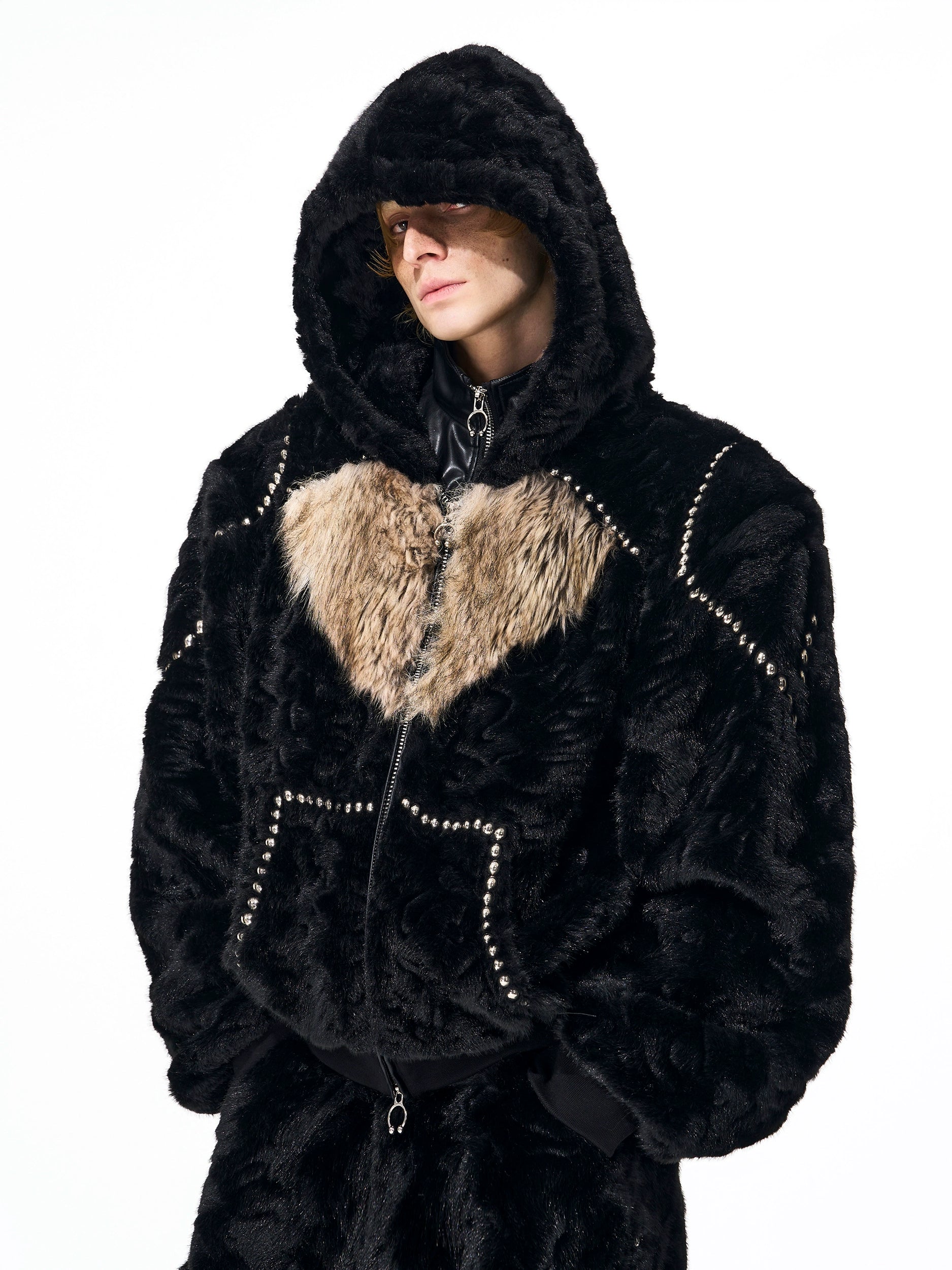 【25s Nov.】Contrast Color Heart Thickened Faux Mink Hooded Jacket / Pants