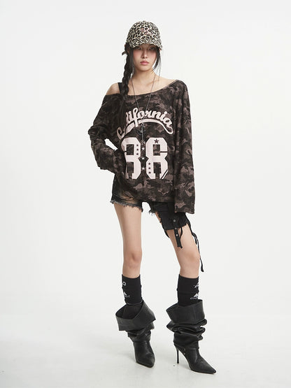 【25s Aug.】Camo Slanted Off-Shoulder Long Sleeve