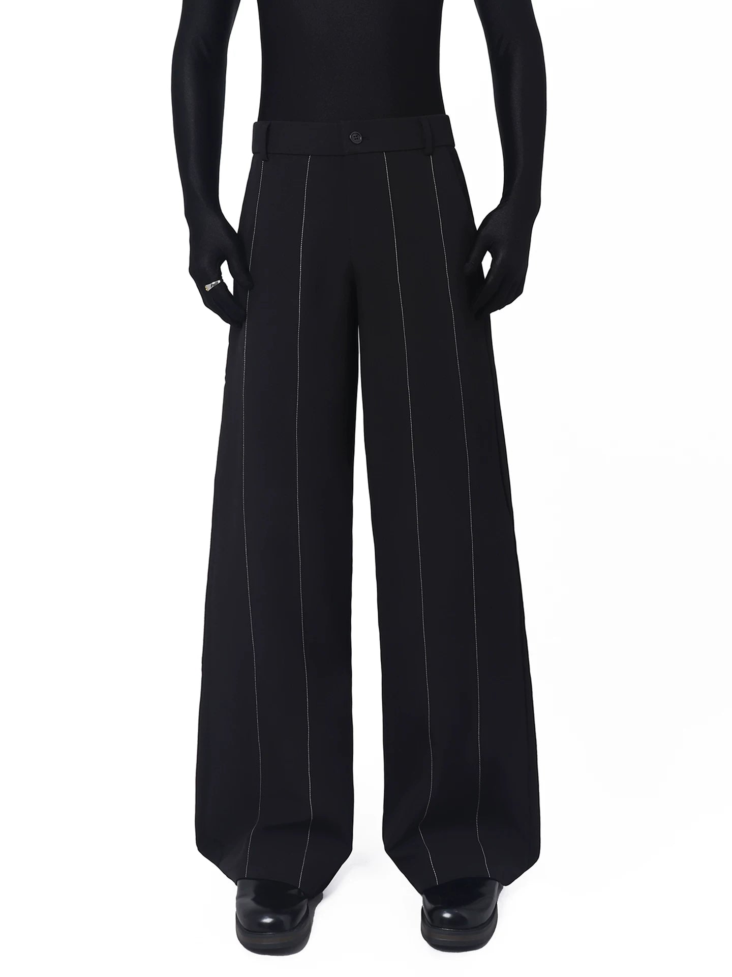 Black Contrast-Stitch Stand Collar Suit