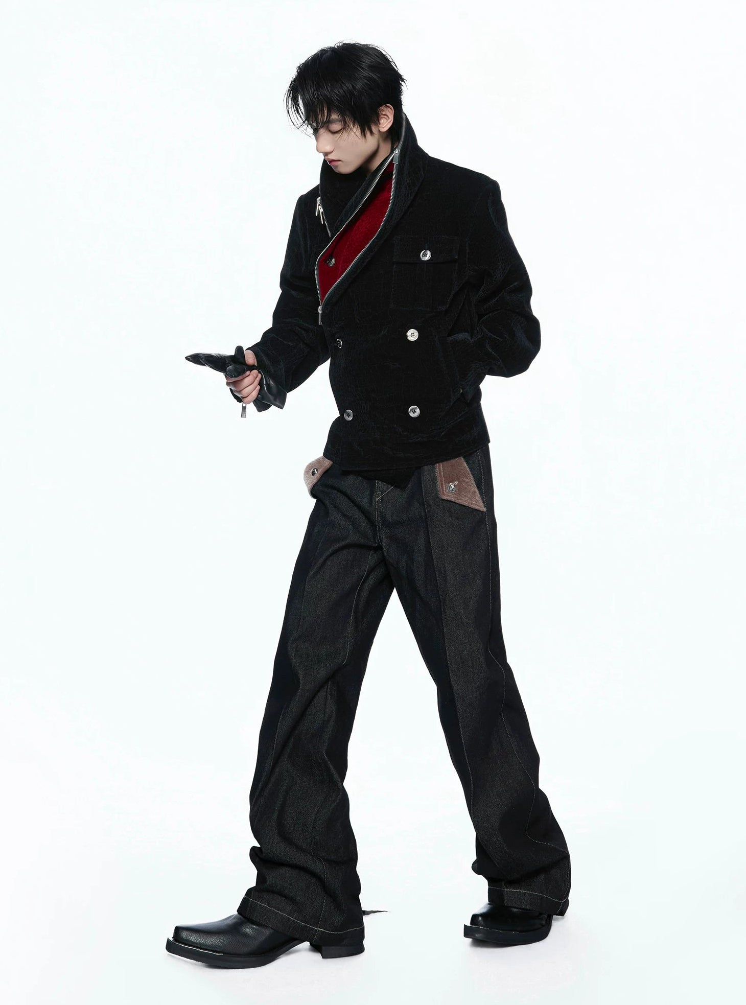 Custom Suede Crocodile Texture Slim Asymmetric Zip Jacket