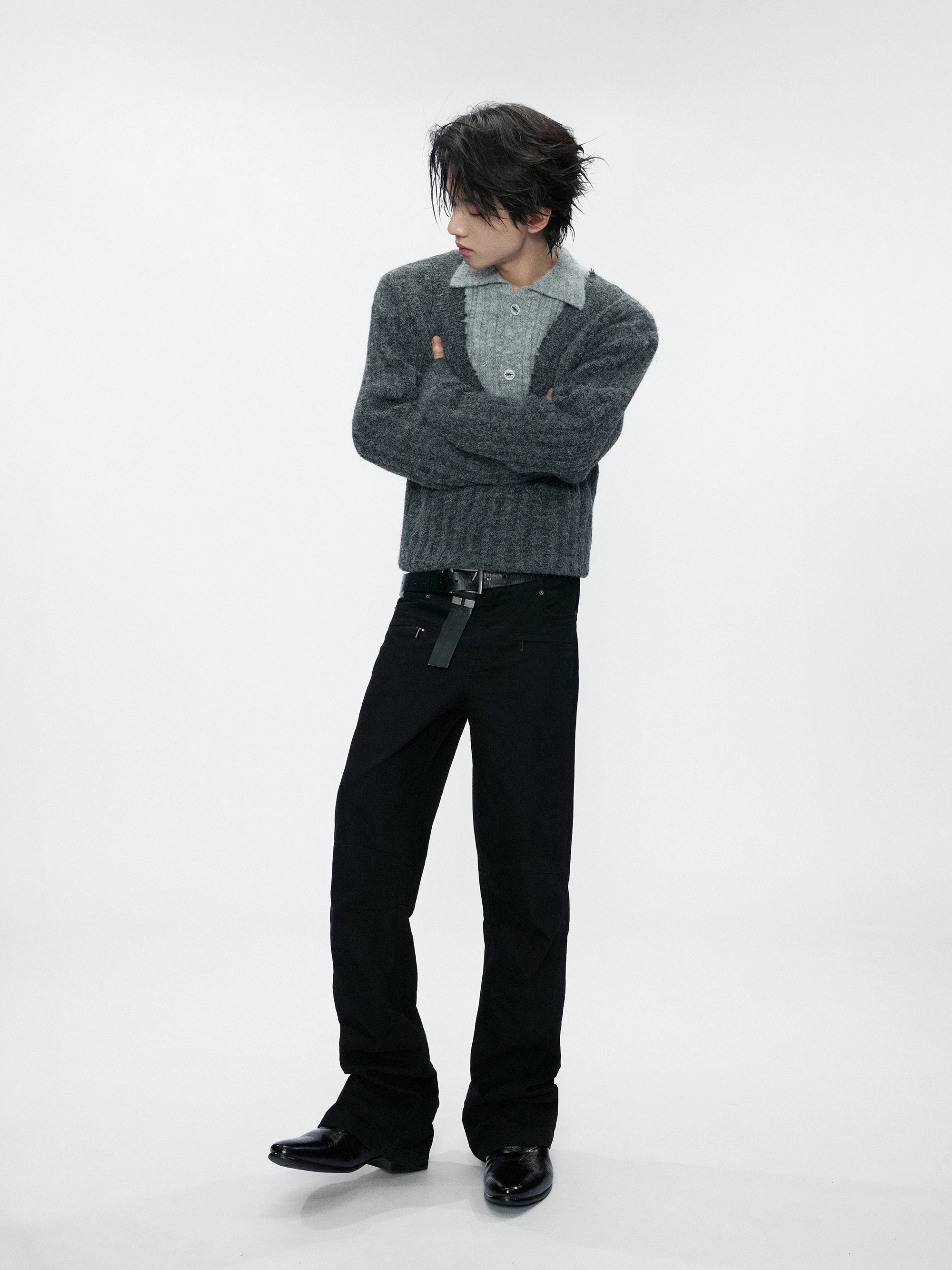 Double Collar Contrast Ribbed Wool Sweater