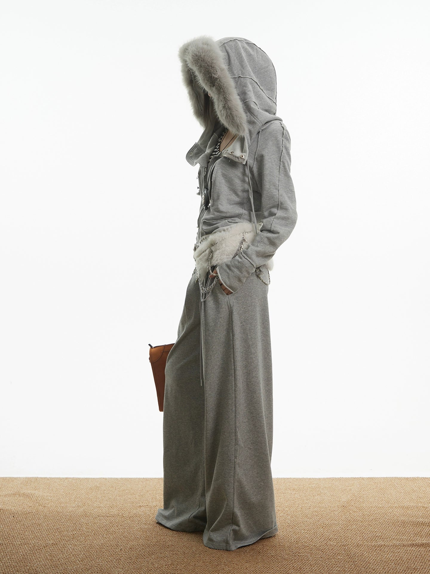 【25s Oct.】Vintage Grey Fur Collar Hooded Sweatshirt