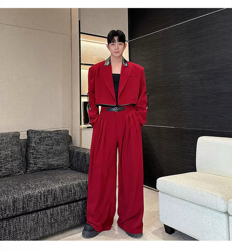 【26s Apr.】Color-Block Faux Leather Blazer & Wide-Leg Pants Set