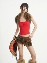【25s Aug.】Washed Denim Fringe Waist Utility Shorts