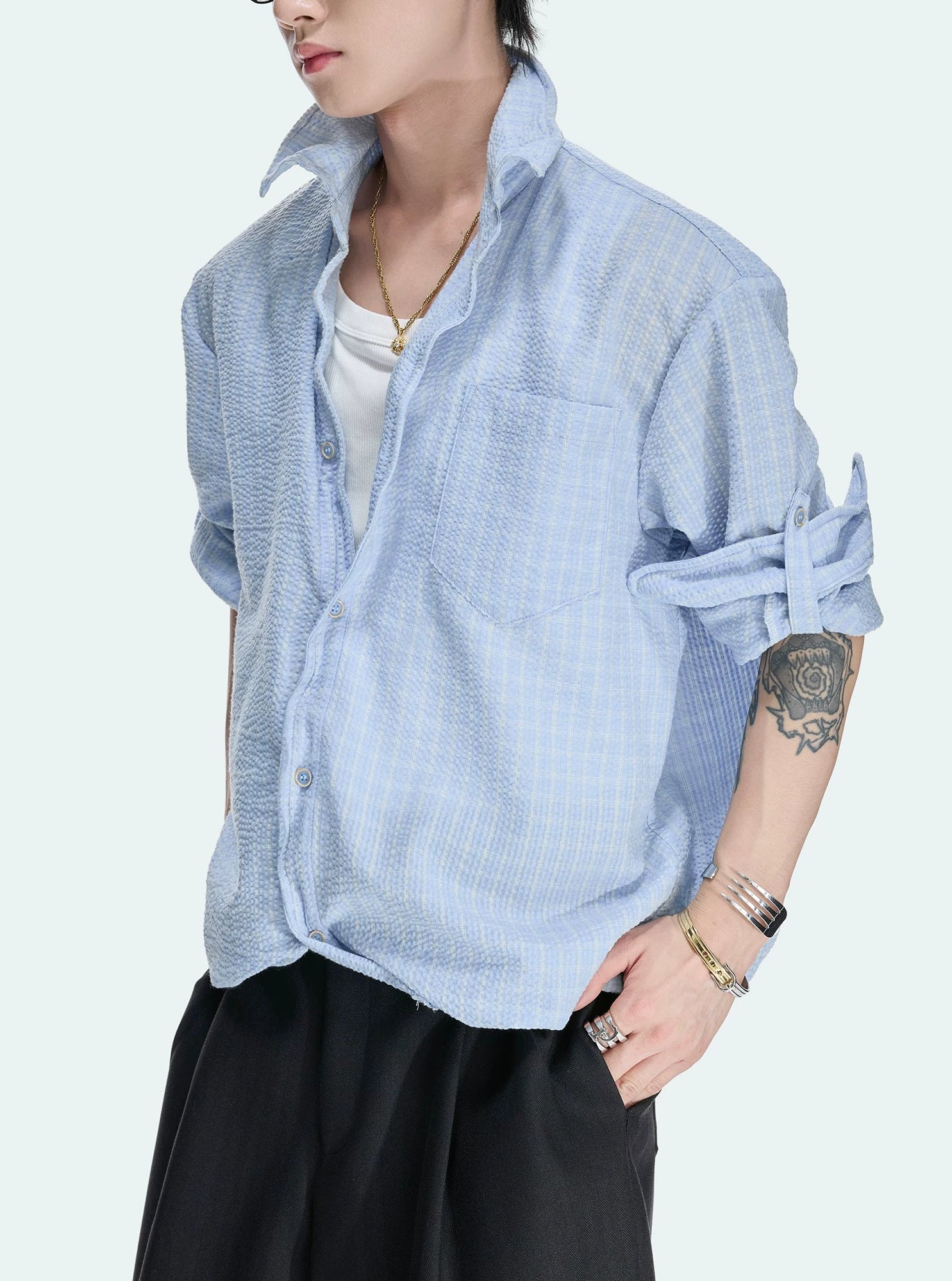 Textured Plaid Drawstring Shirt Jacket
