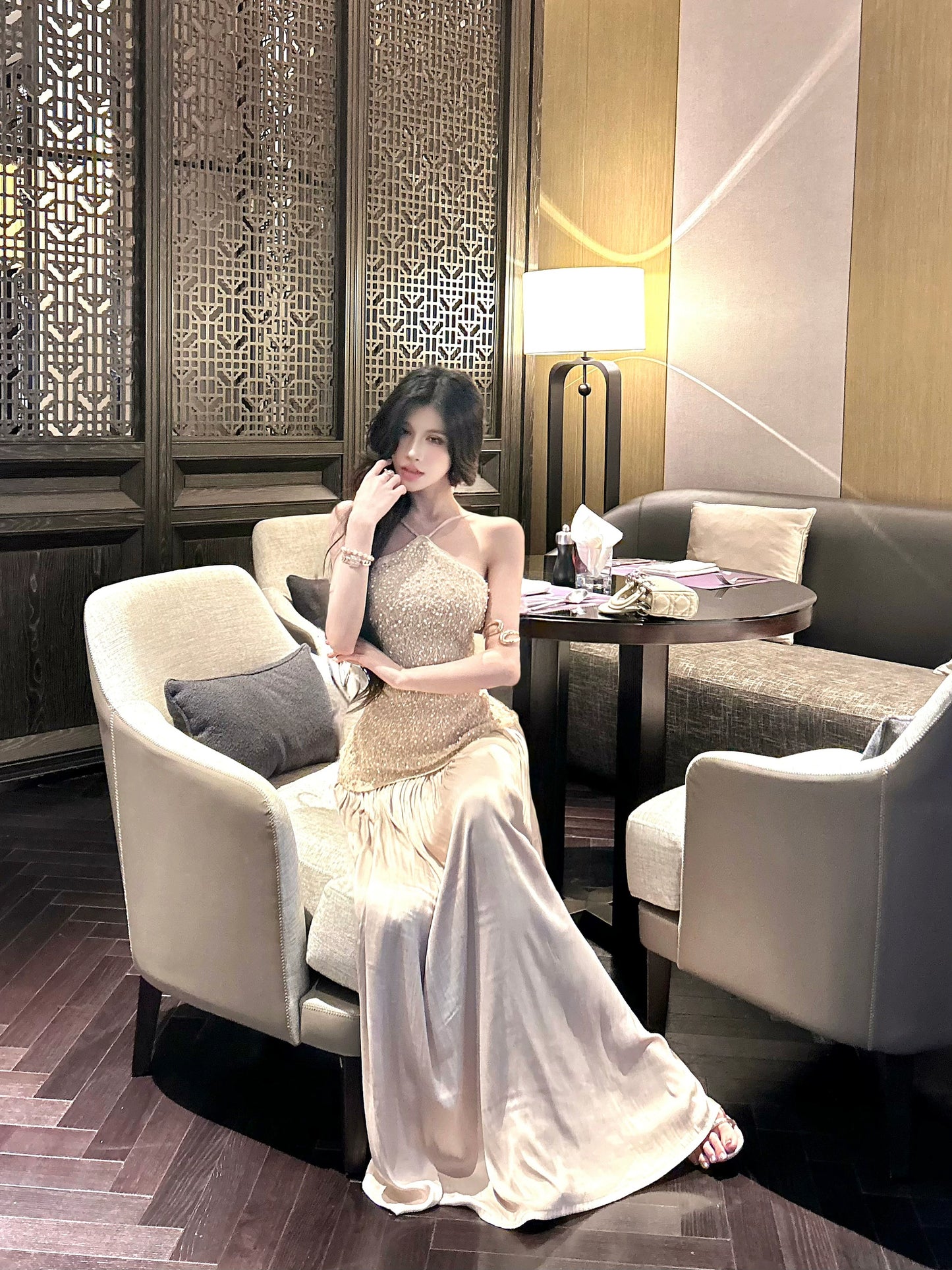 【25s Aug.】Lace Stitching Satin Halterneck Dress