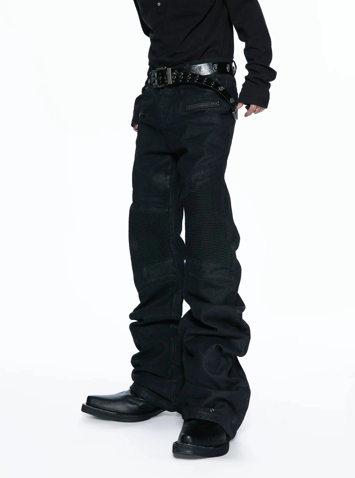 Multi-Zip Waxed Scimitar Skinny Moto Jeans