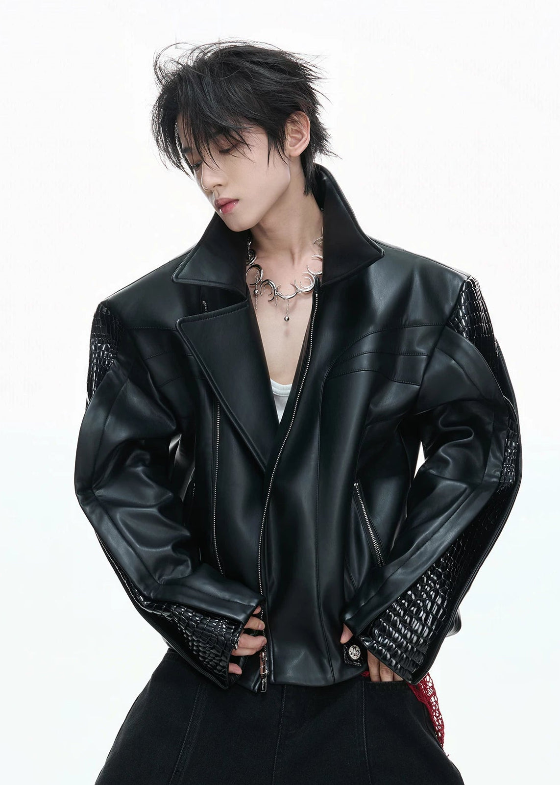 【26s Feb.】Deconstructed Croc-Embossed Asymmetric Zip Leather Jacket