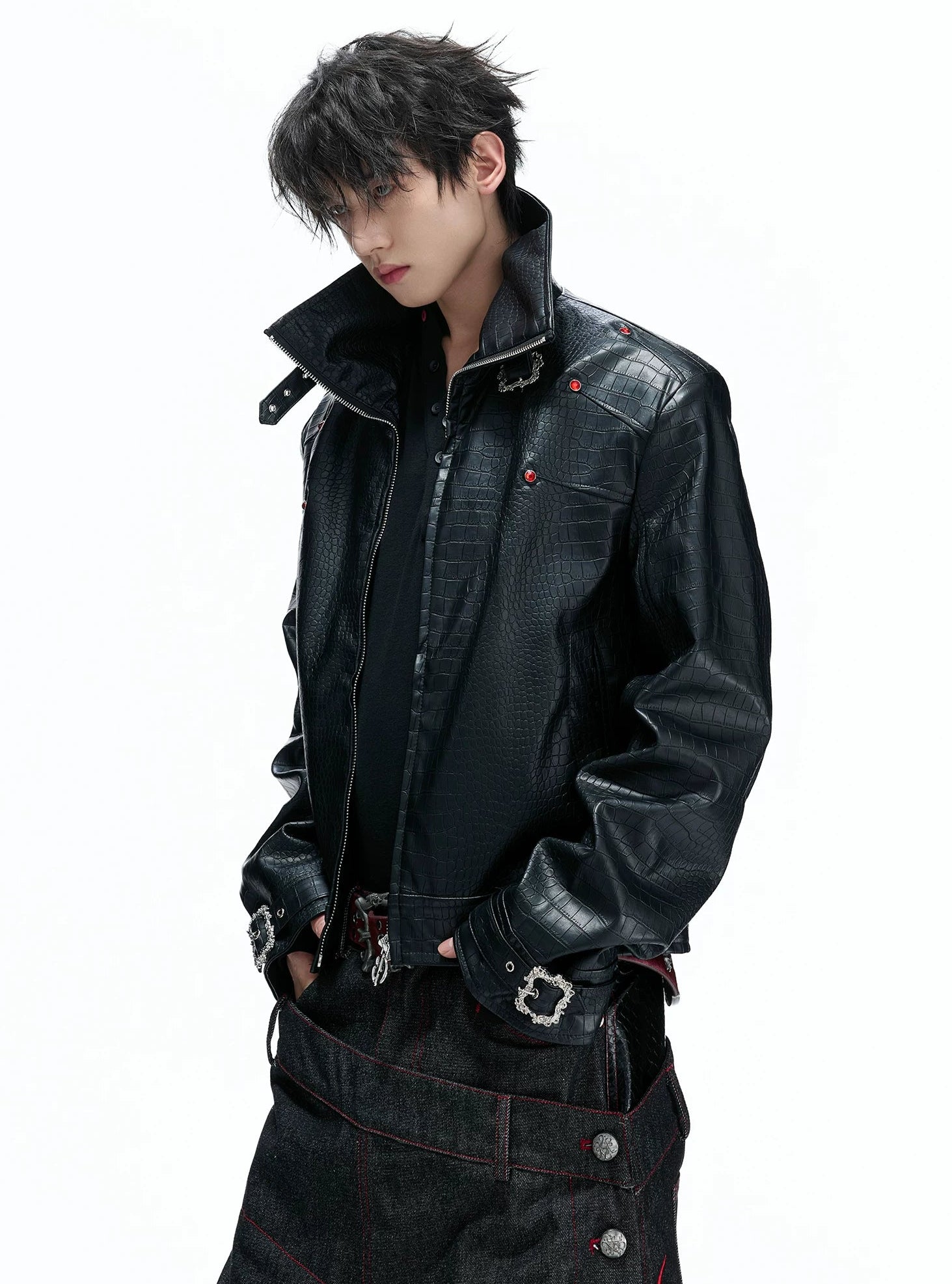Crocodile Texture Stand Collar Jacket