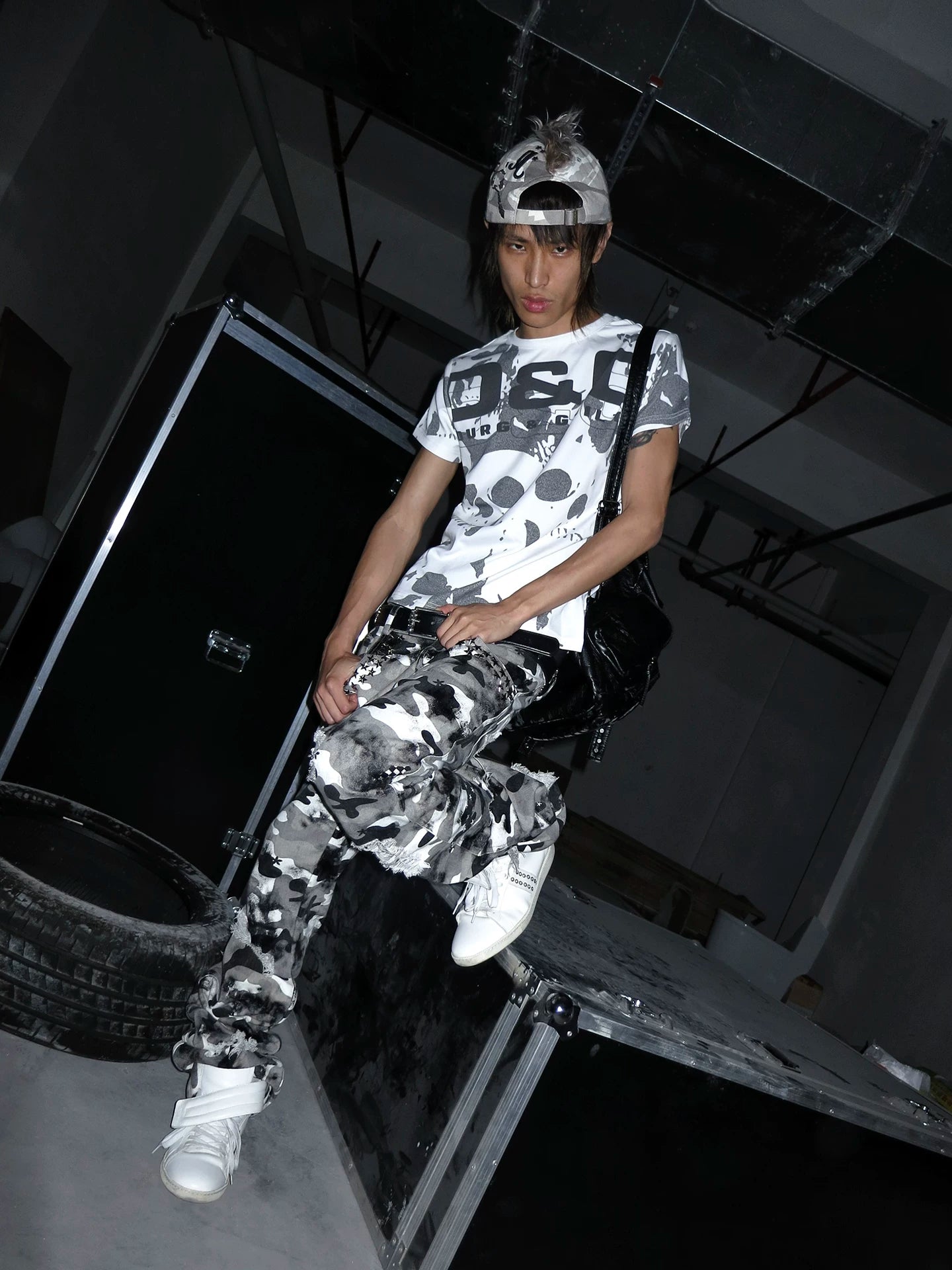 Waxed Camo Curved Flared Pants
