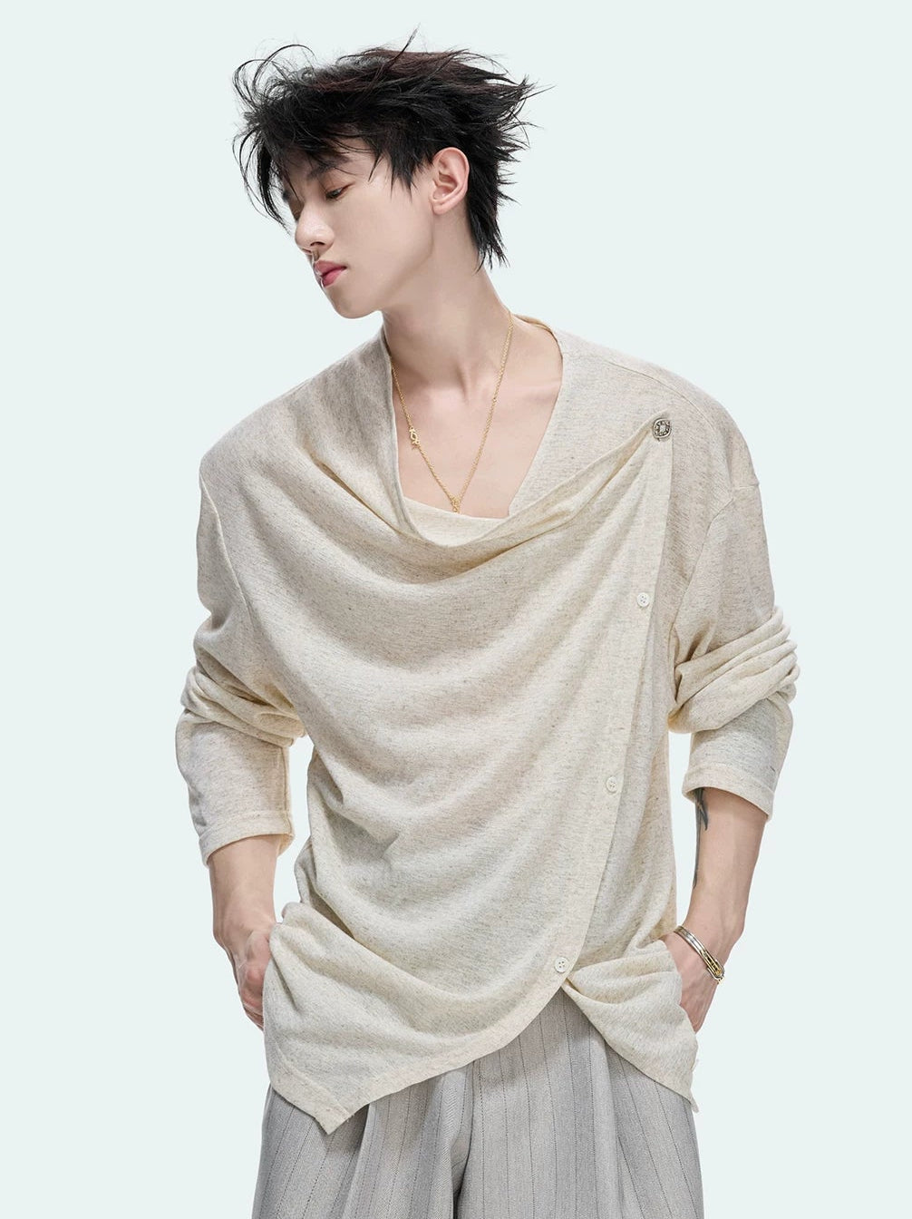 Textured Asymmetric Button Long Sleeve Top