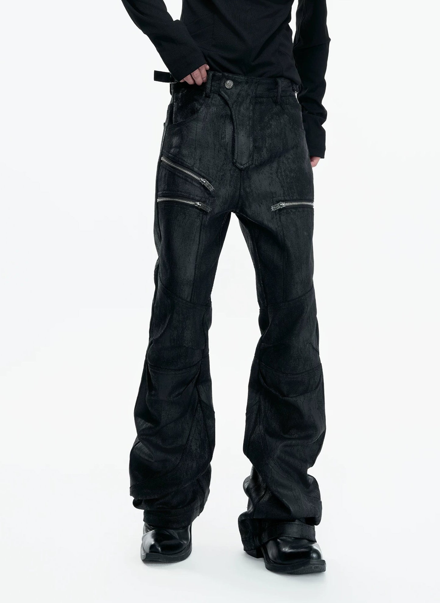 【26s May】Waxed Distressed Zip Panel Straight Denim Pants