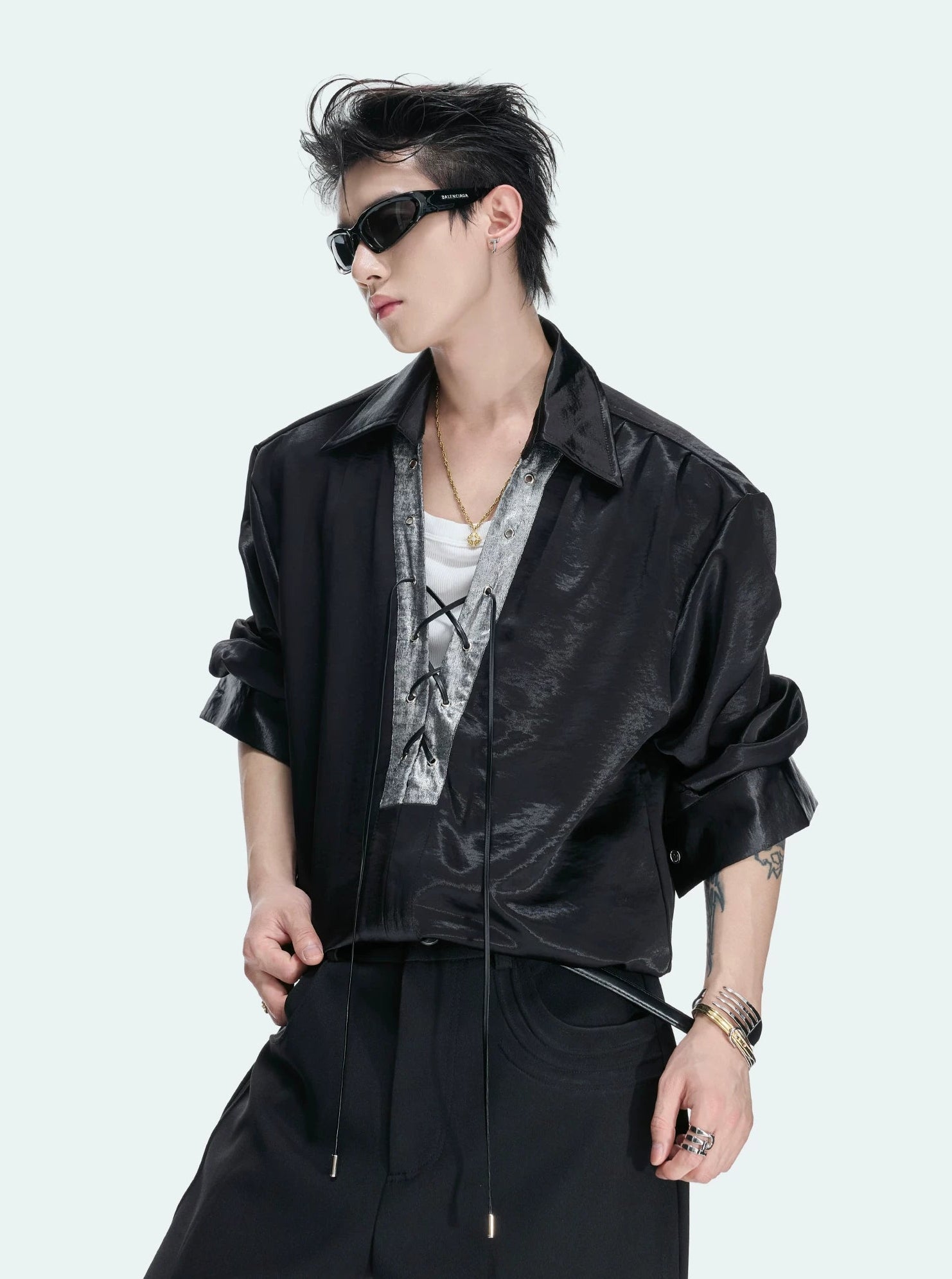 Contrast Lace-Up Satin V-Neck Shirt