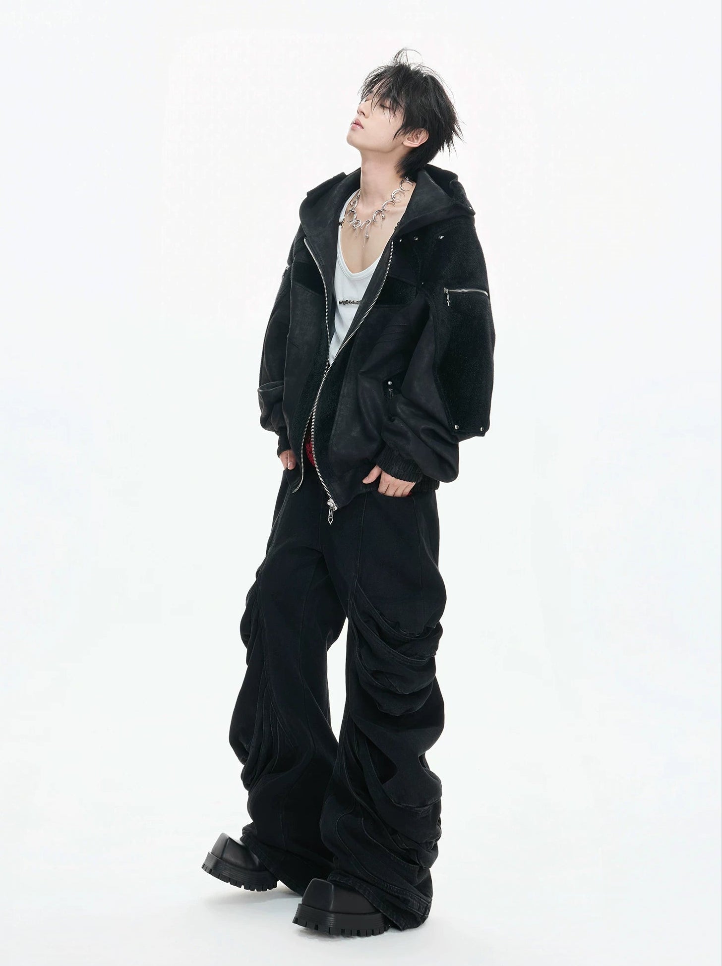 【26s Feb.】Matte Waxed Deconstructed Horsehair Hooded Leather Jacket