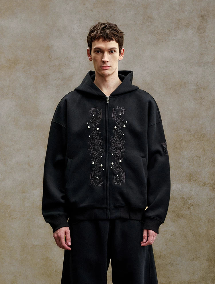 Vintage Embroidered Pearl Zip Hoodie
