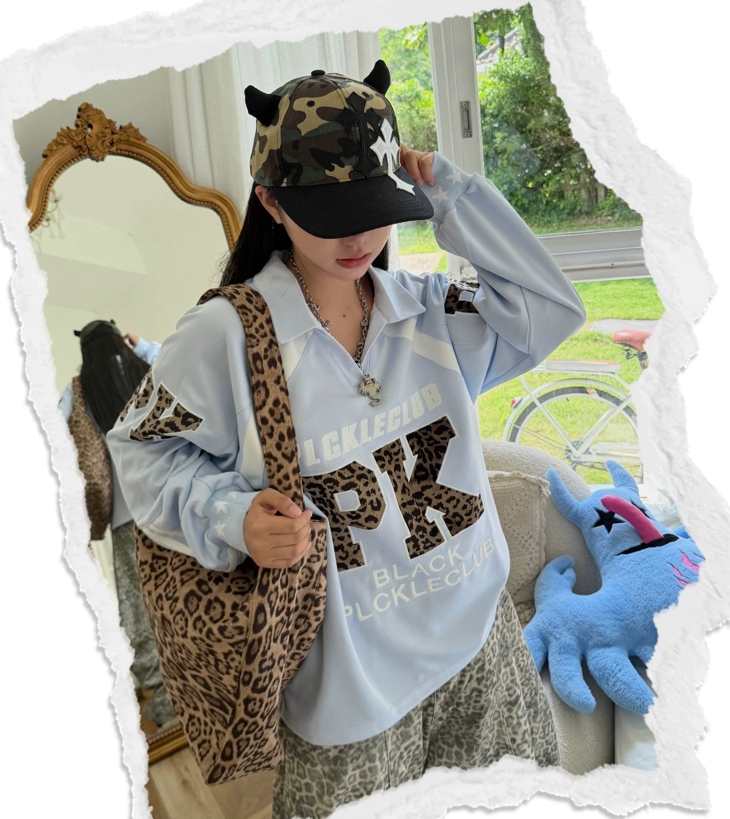 【26s Apr.】Leopard Stripe Oversized Polo Long Sleeve Tee