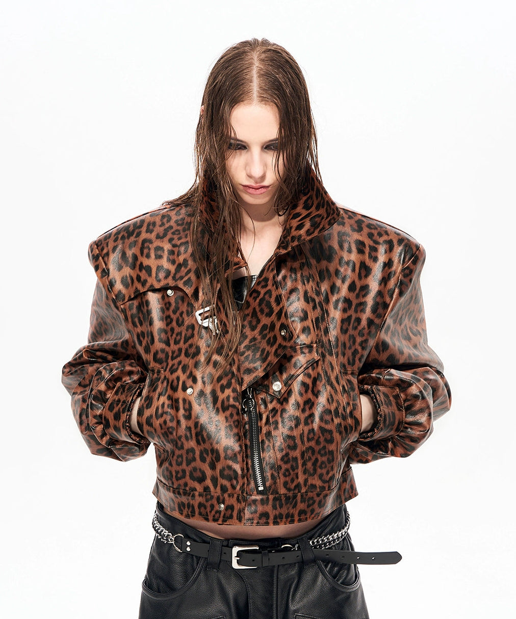 【25s Nov.】Leopard Print Metal Buckle Design Leather Jacket