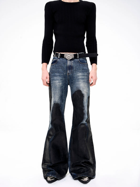 Heavy Waxed Flared Tassel Jeans