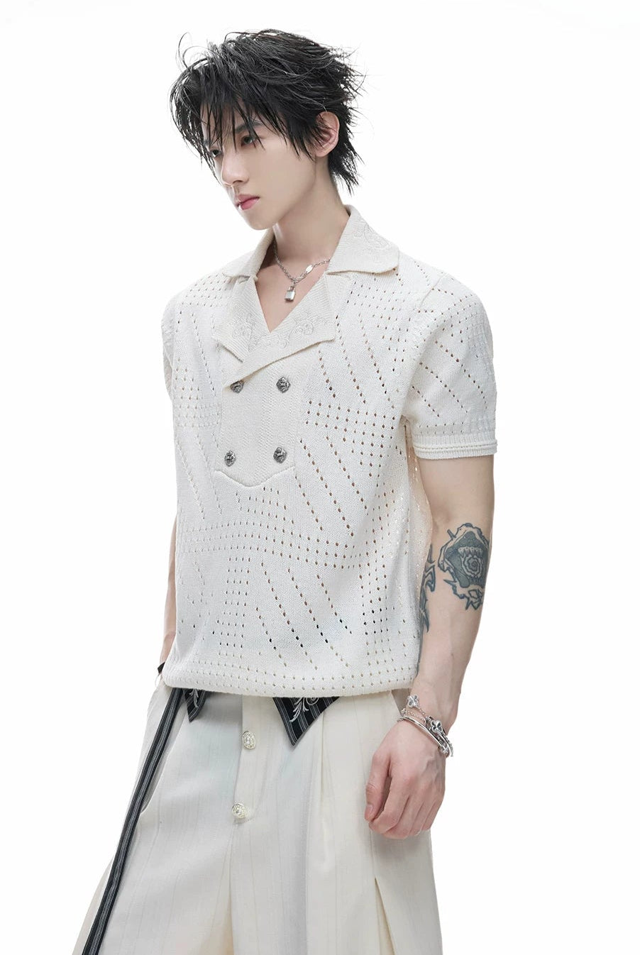 Openwork Embroidered Knit Polo Tee
