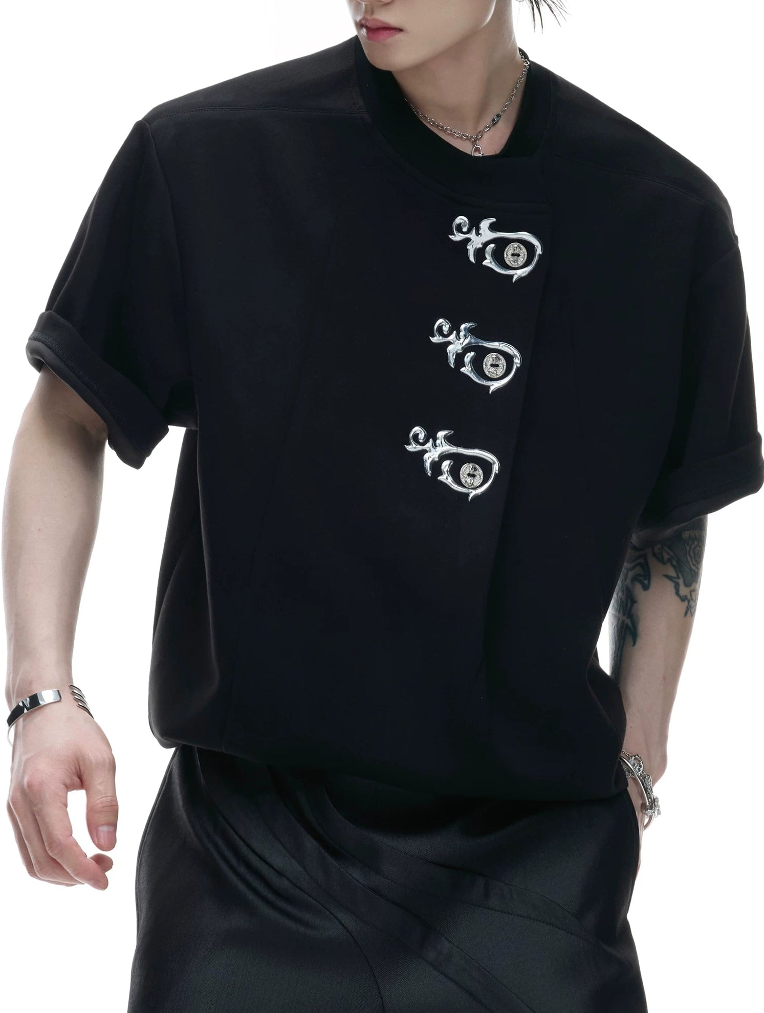 Asymmetric Placket Embroidered Tee