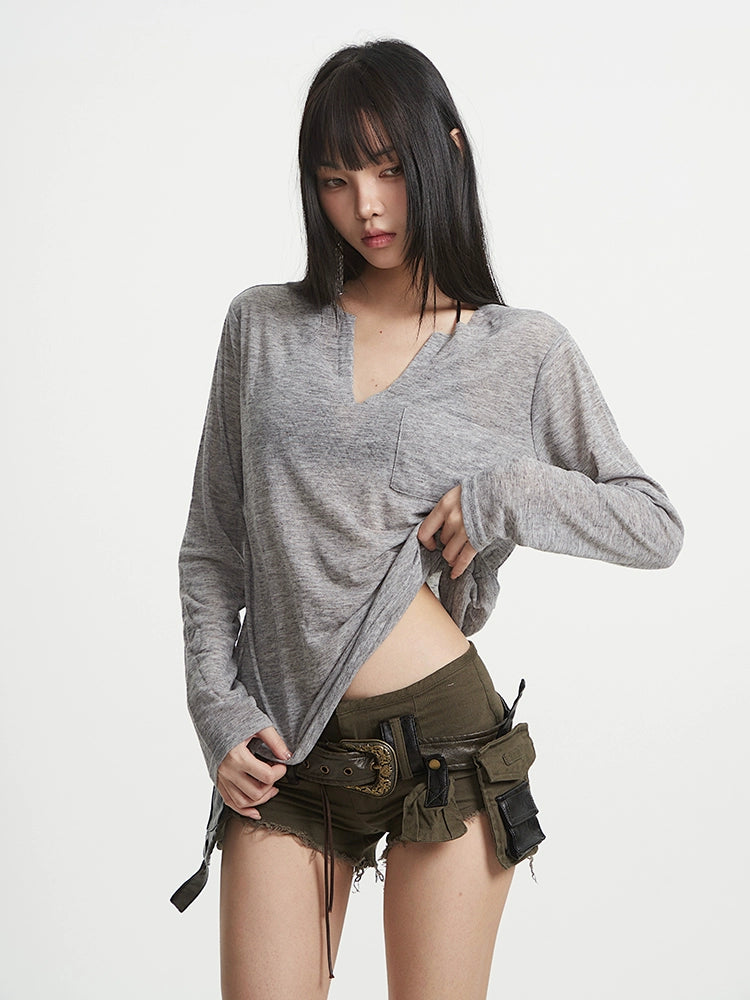 【25s Aug.】Black V-Neck Slim Fit Sheer UV Protection T-Shirt