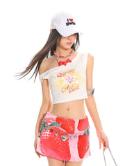 【25s June.】Floral Rhinestone Asymmetric Crop Top