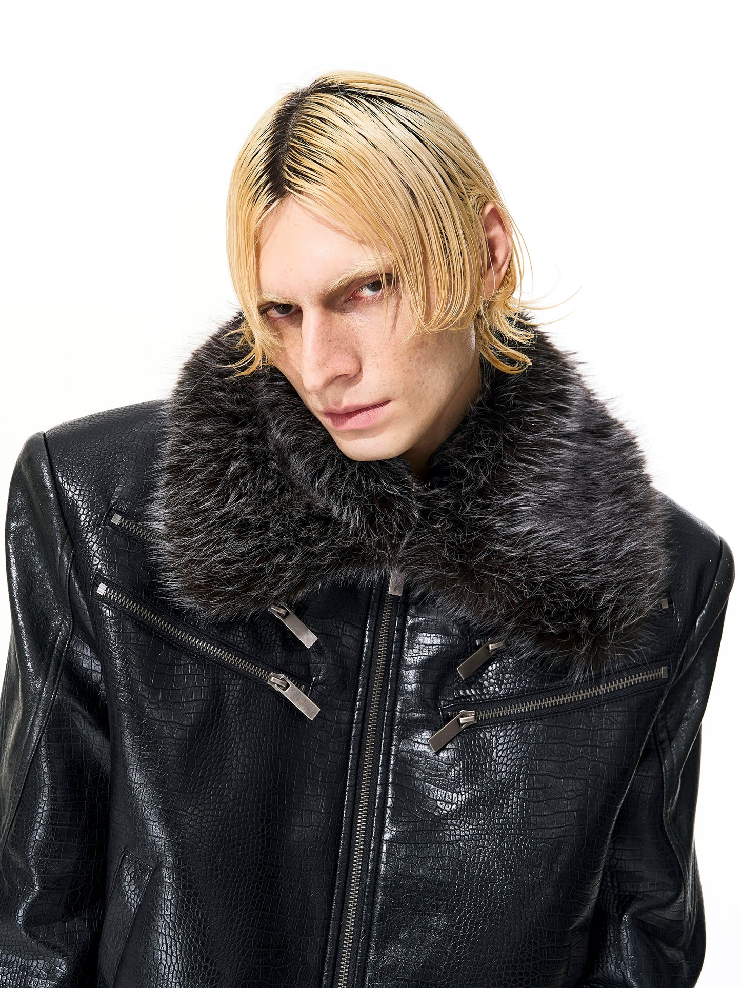 Crocodile Fur Collar Short Leather Jacket