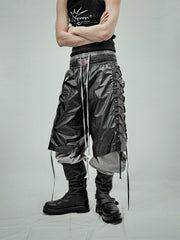 【25s Jul.】Tie-straps Glossy Coating Stitching Honeycomb Mesh Cropped Shorts