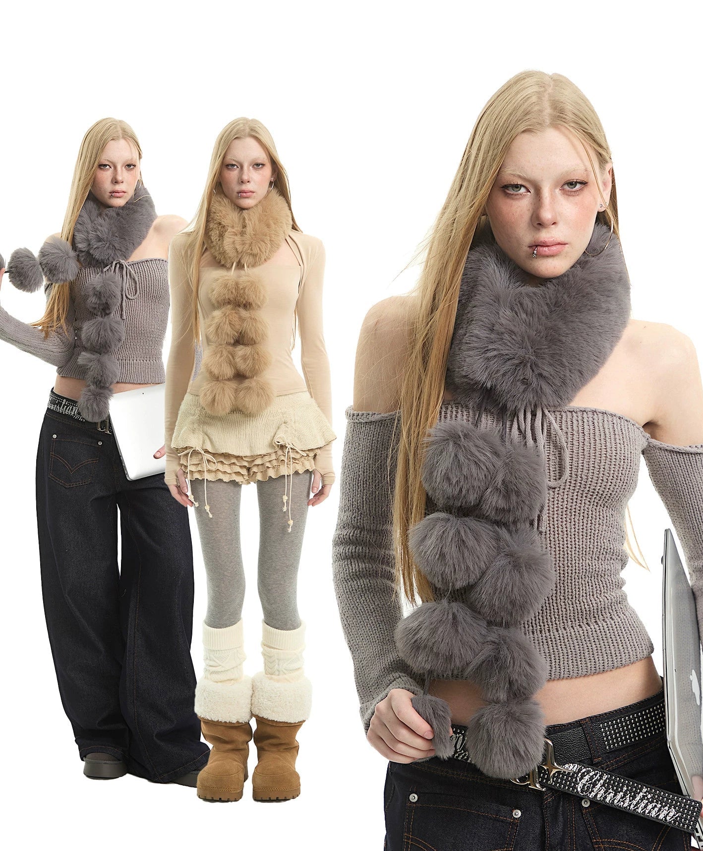 Faux Fox Fur Pom-pom Scarf