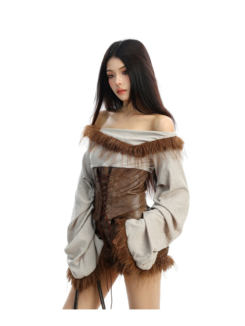 【25s Dec.】Hot Girl Fur Collar Off-shoulder Tie Top/ Leather Pants