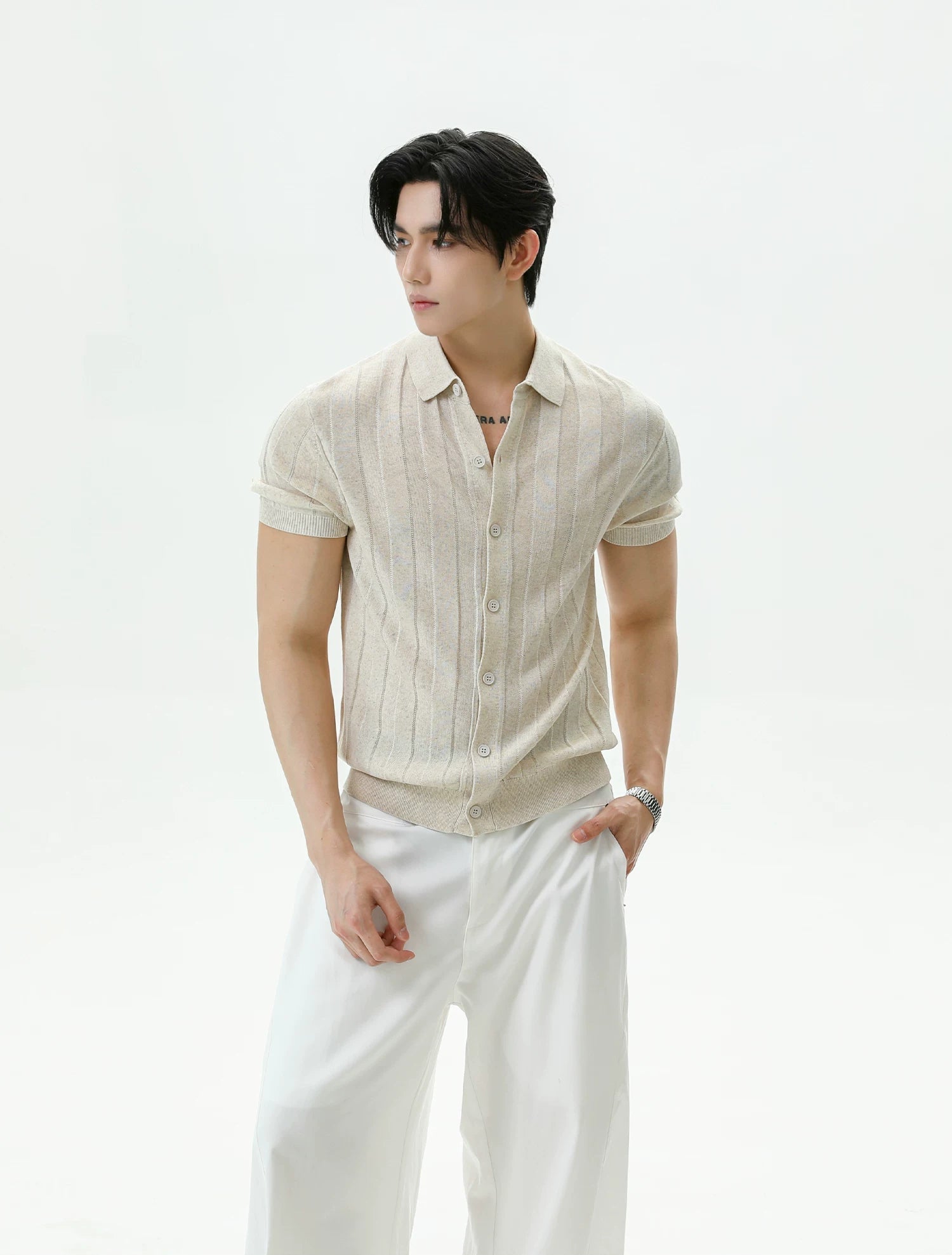 Ribbed Lyocell Knit Polo Cardigan