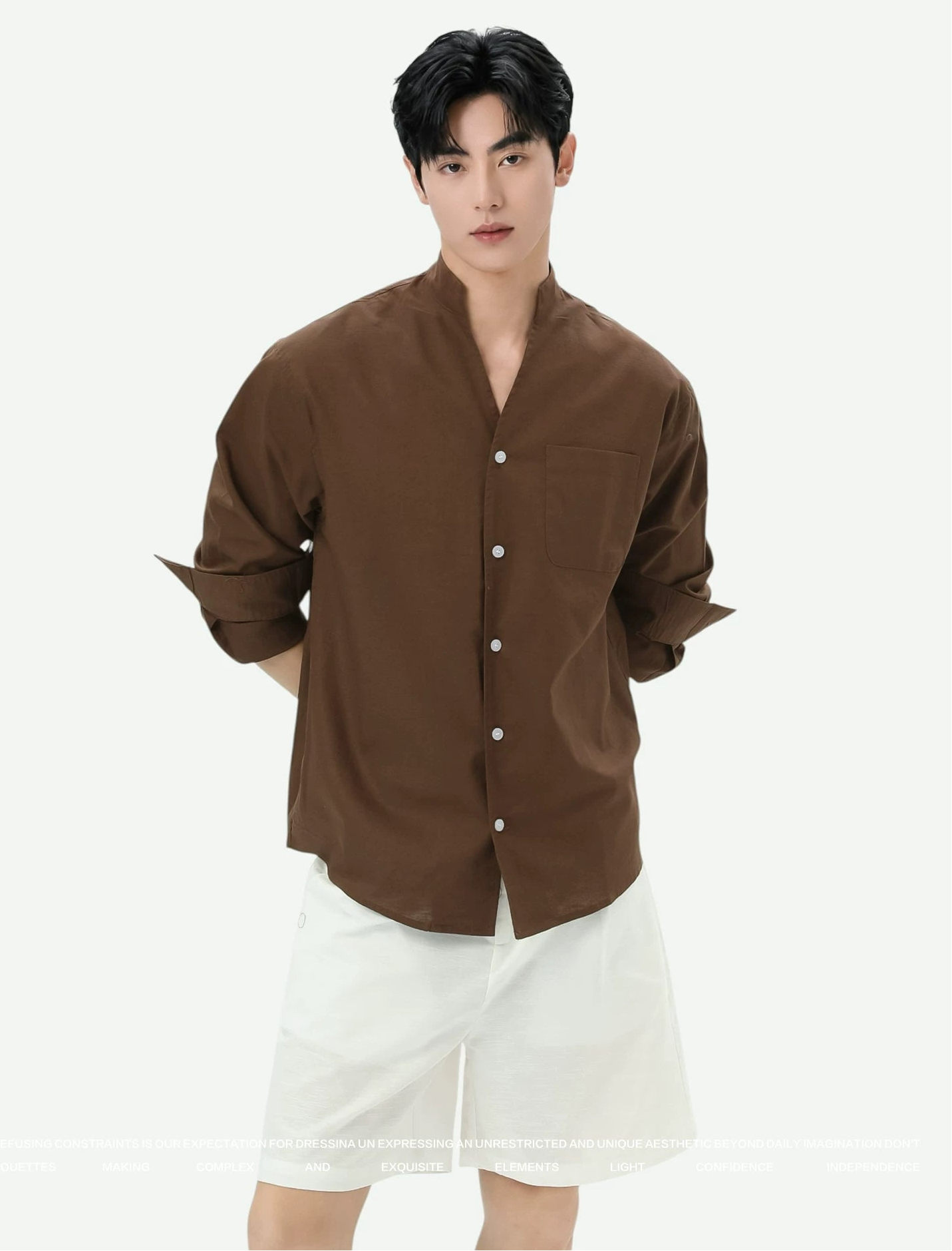 Stand Collar Linen Clean Fit Shirt