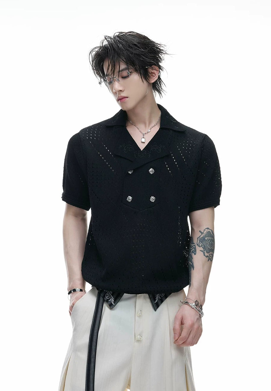 Openwork Embroidered Knit Polo Tee