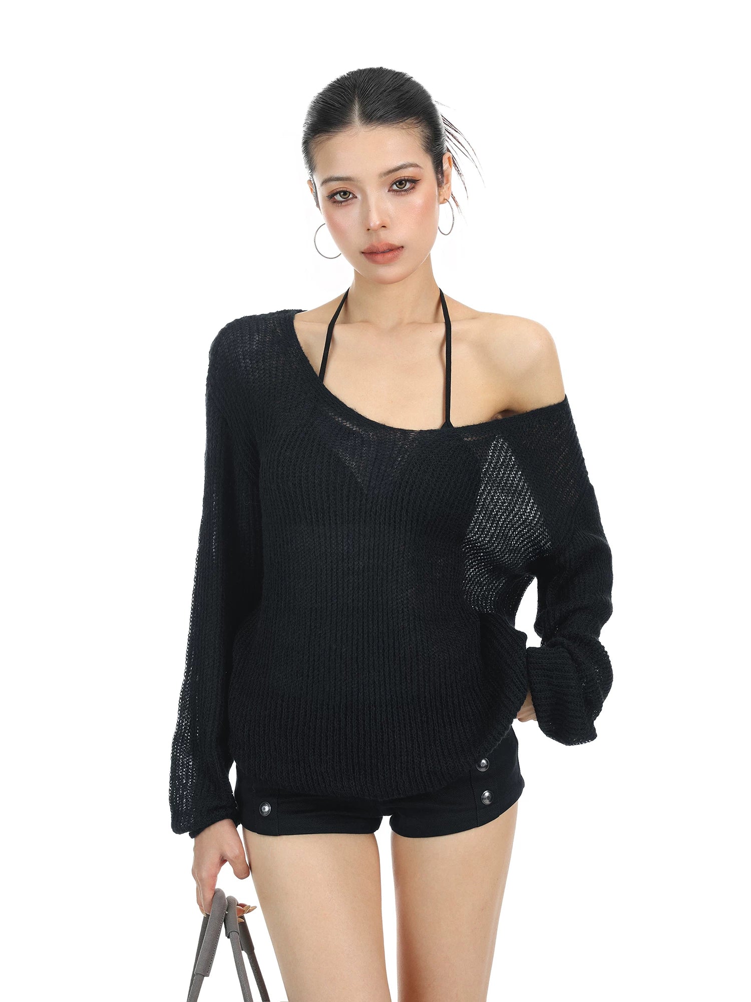 【26s May】Hollow V-Neck Sheer Knit Oversized Top