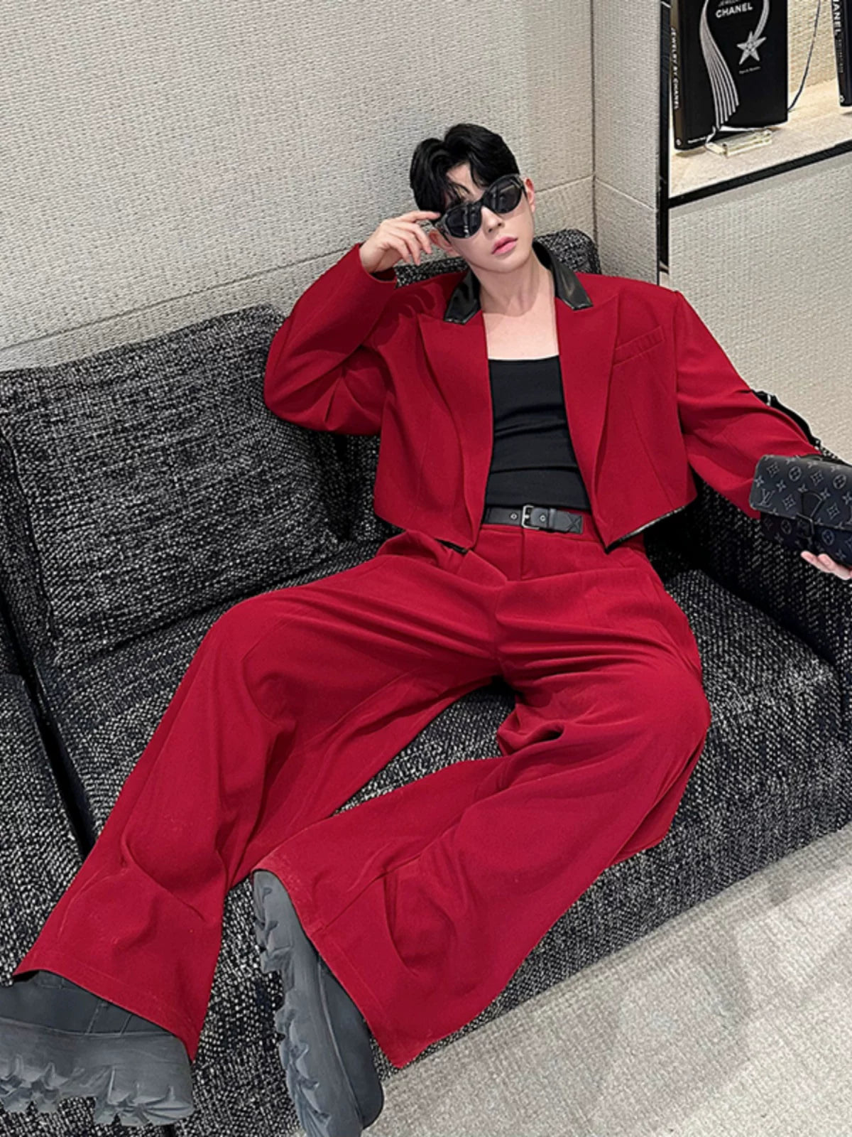 【26s Apr.】Color-Block Faux Leather Blazer & Wide-Leg Pants Set