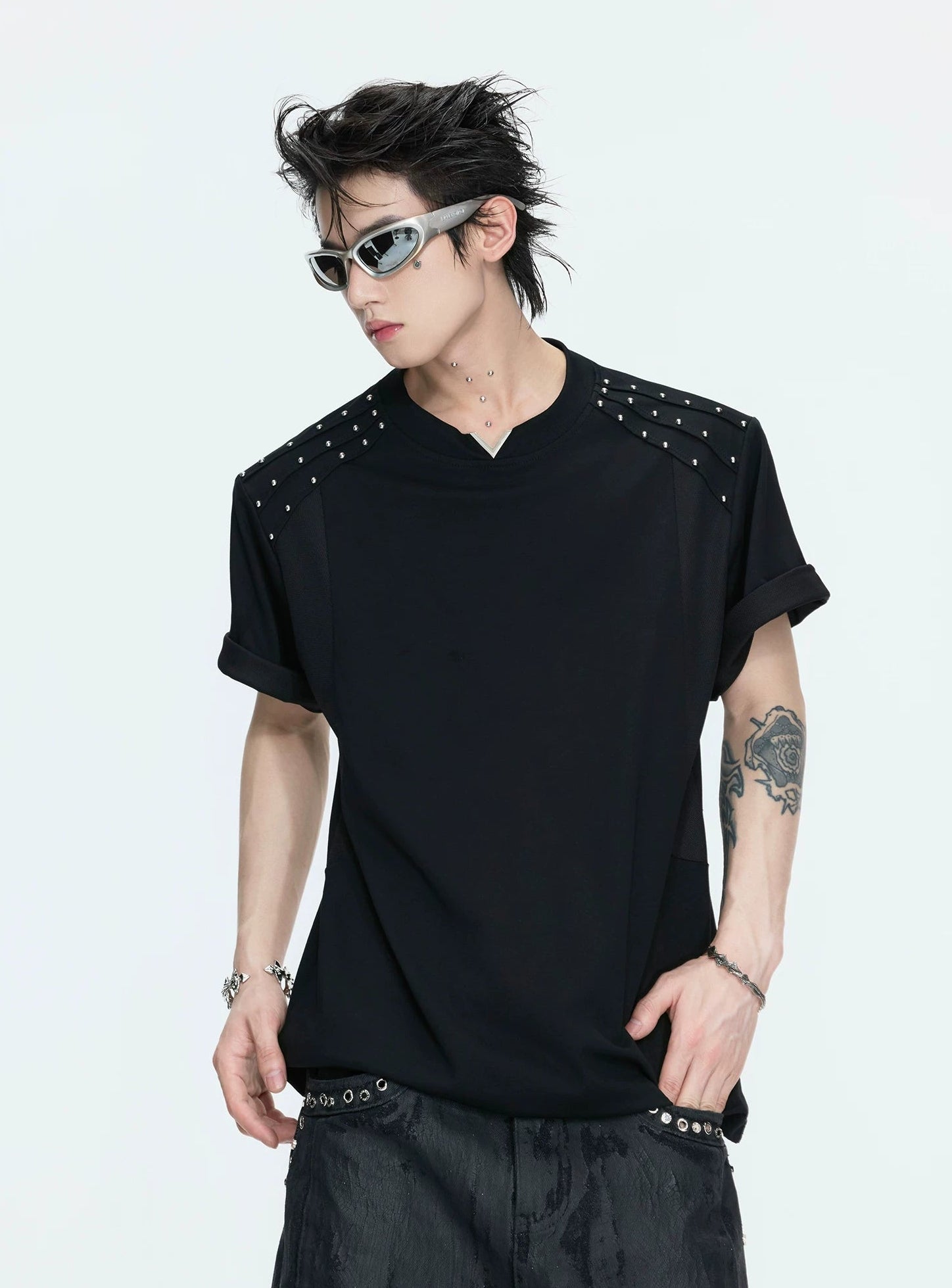 【26s May】Pleated Studded Boxy V-Neck Mesh Lined Tee