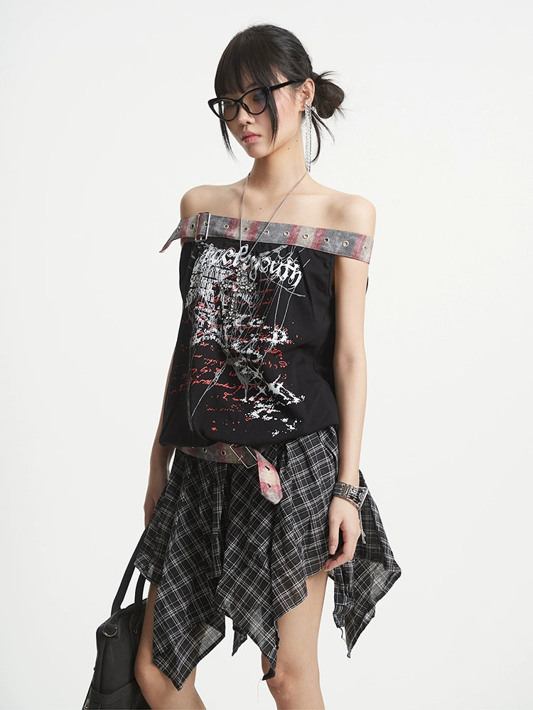 【25s Aug.】Plaid Patchwork Off-Shoulder Crop Top