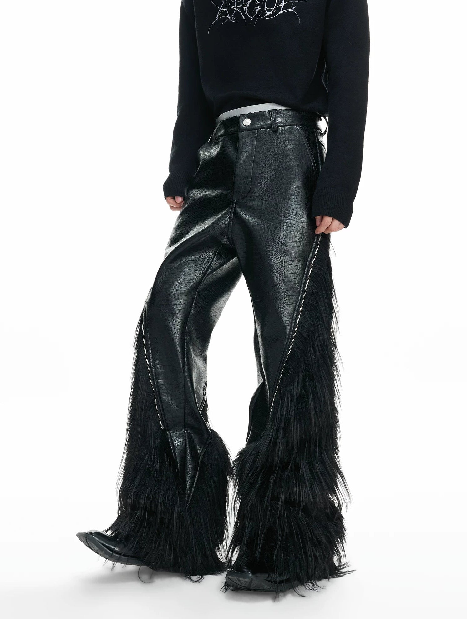 【26s Feb.】Deconstructed Faux Wolf Fur Croc-Embossed Leather Wide-Leg Pants