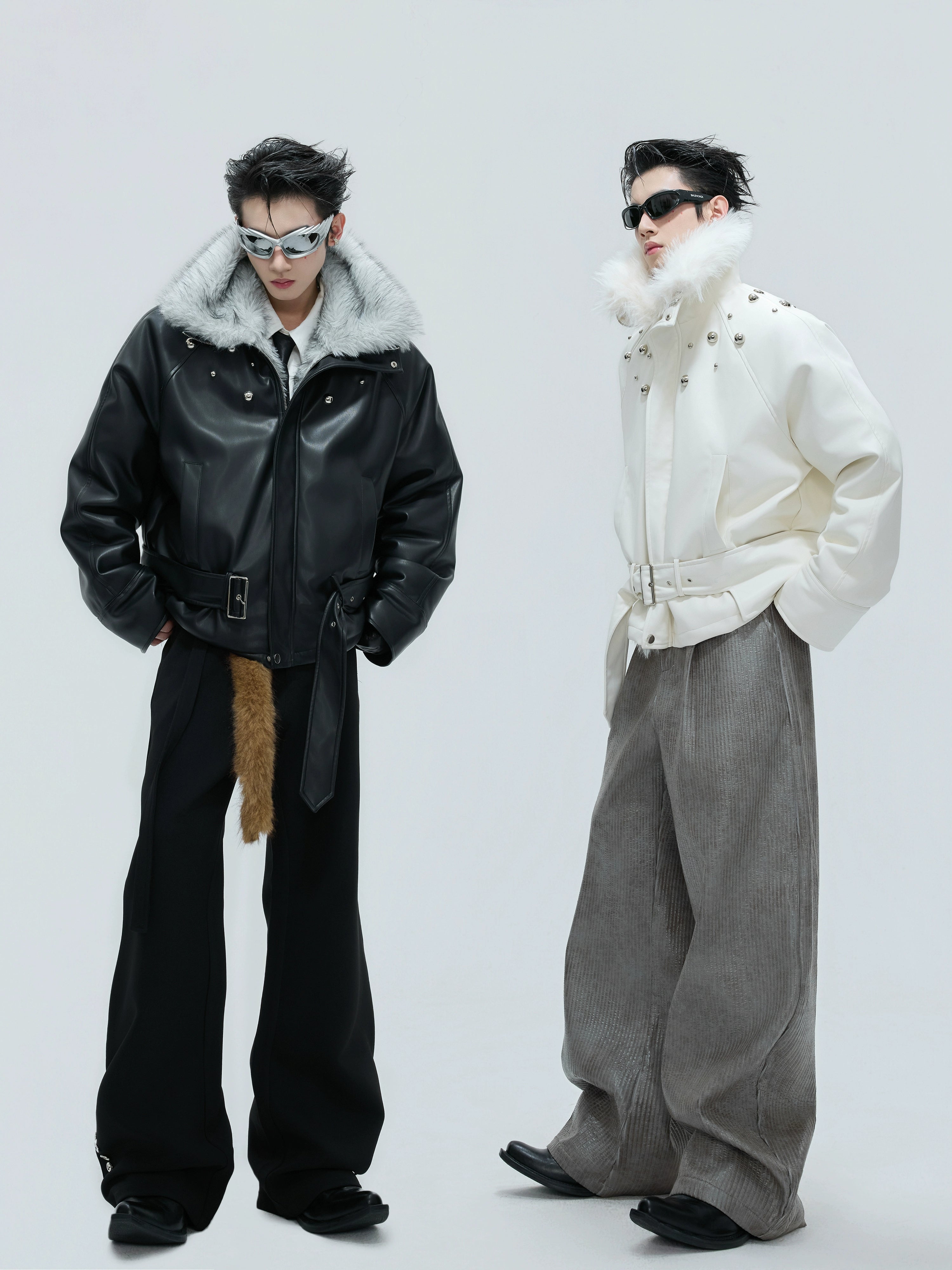 【25s Nov.】Riveted Faux Wolf Fur Collar Thickened Cotton Coat