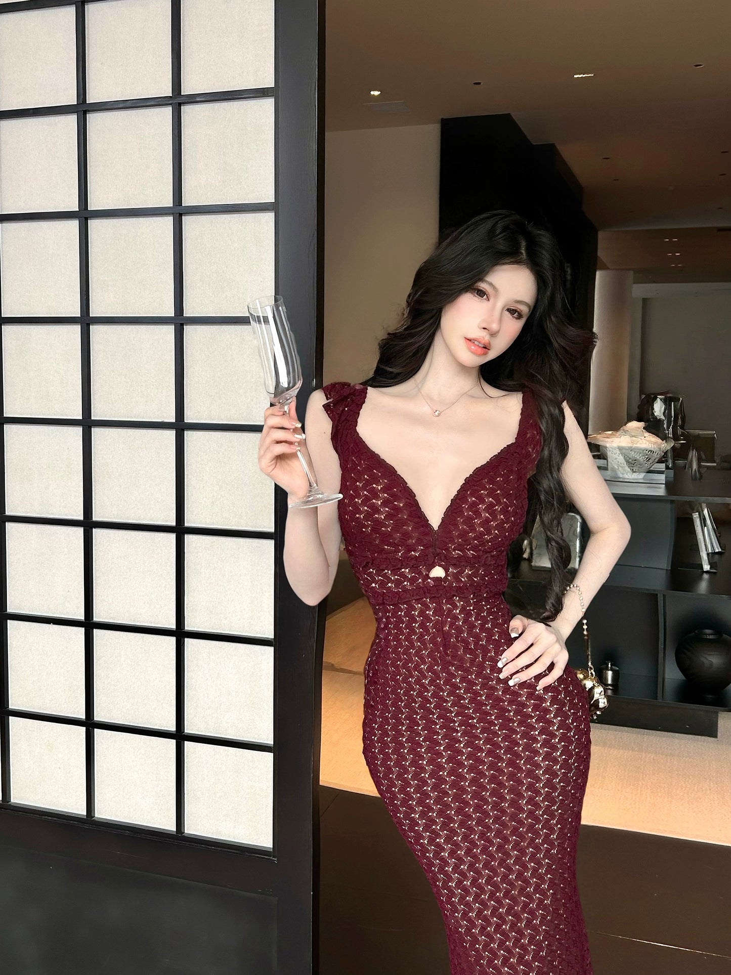 【25s Aug.】Lace Deep V Tie Sexy Waist Hip Dress